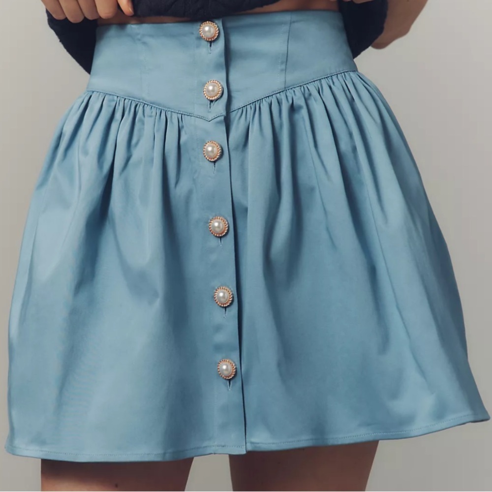 ANTHROPOLOGIE Maeve Basque Waist Button Down Mini Skirt Stone Blue Size XL NEW